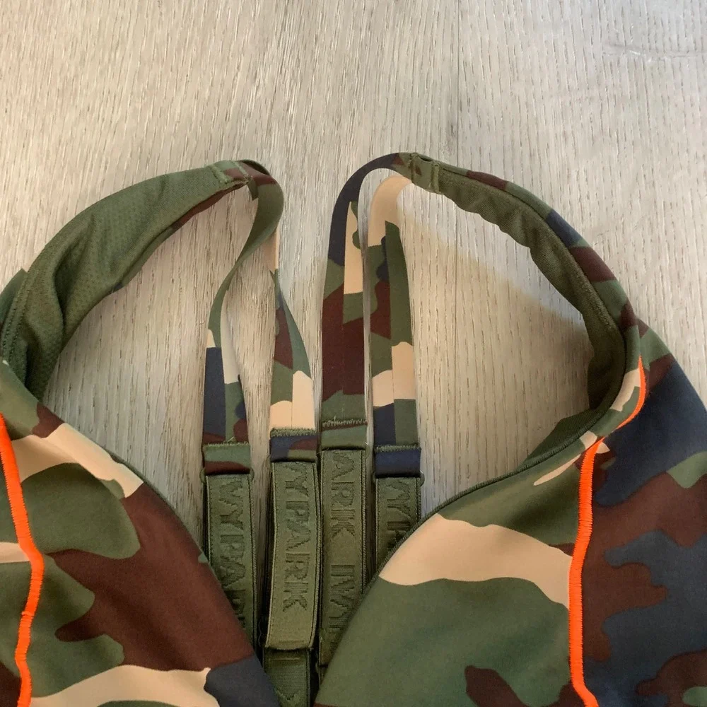 Adidas x Ivy Park Camo Sports Bra Neon Orange Piping Green Brown Camouflage